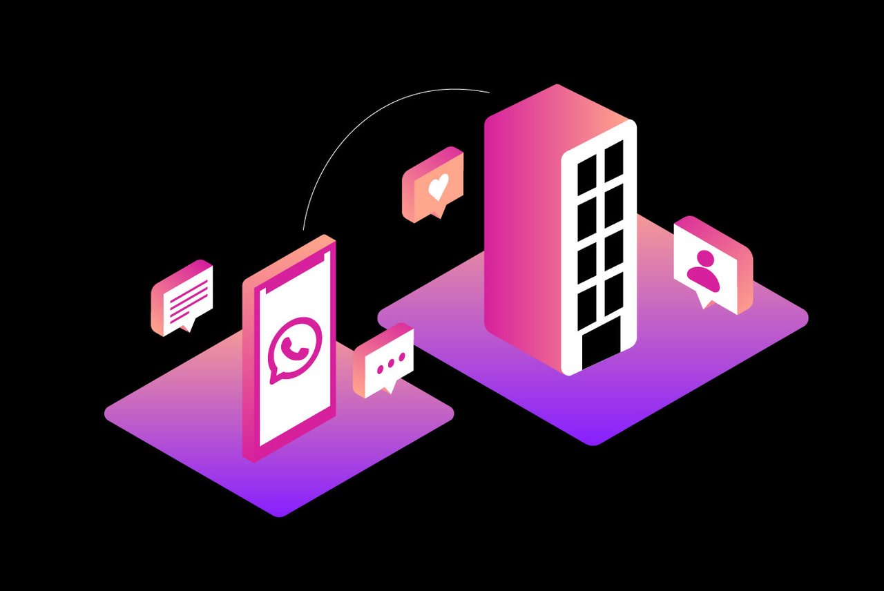 Mejora la experiencia del cliente con las API de WhatsApp y Vonage Illustration of WhatsApp logo inside smartphone next to a business building
