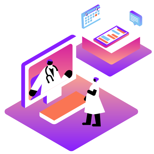 healthcare video APIs illustration of a pregnant woman video chatting with her doctor, and a mobile device, chat icon, and calendar