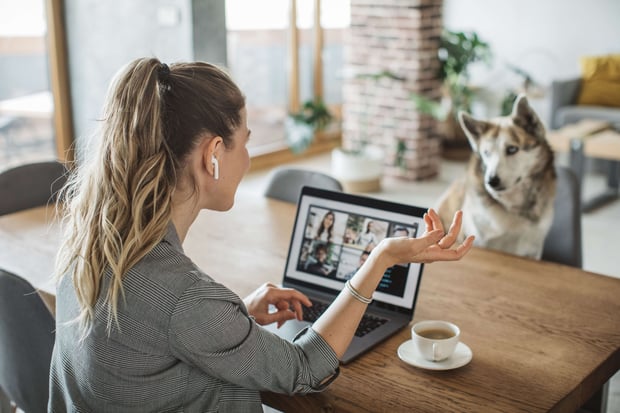 Generic integrations screenshot from Getty Women at home during pandemic isolation have conference call, pet dog is with her